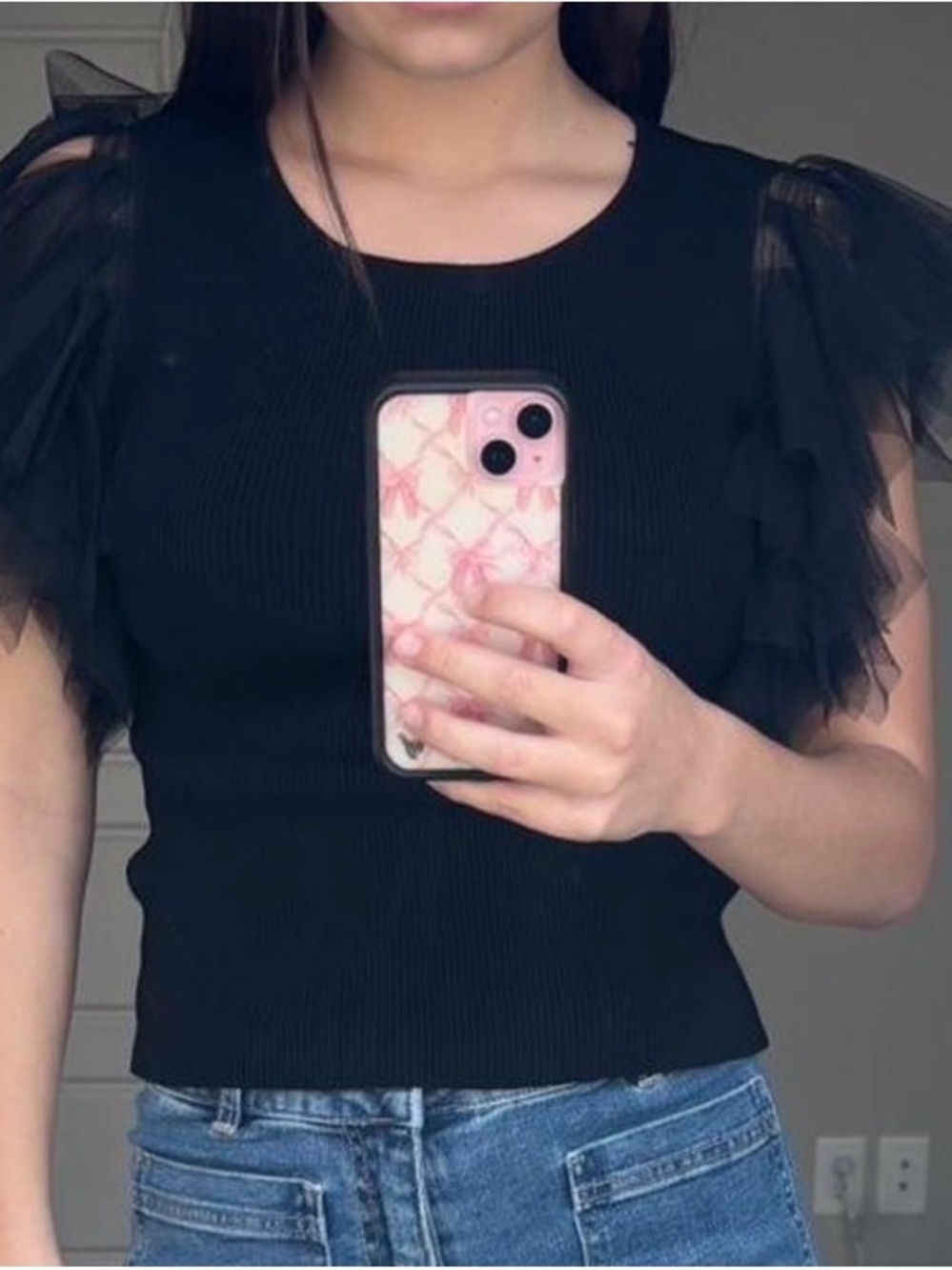 Black Ribbed Crop Top with Sheer Puff Sleeves